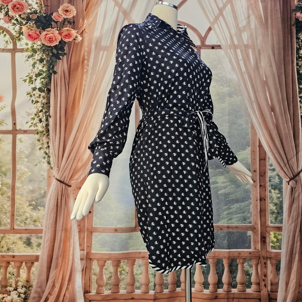 Vintage 1970s Shirt Dress Richard Frontman Navy Blue Heraldic Lion Print Belted - Picture 8 of 13